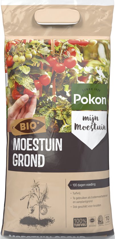 Pokon BIO moestuingrond zak met groente-illustraties en het BIO-label.