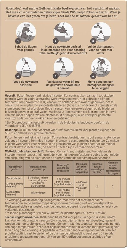 Gedetailleerde gebruiksaanwijzing op verpakking voor Pokon Bio insectenconcentraat
