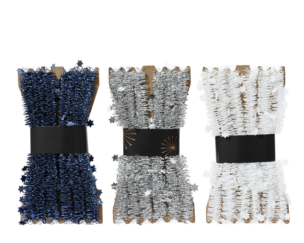 Lametta guirlande van pvc in 3 kleuren: donkerblauw, zilver en wit met gouden glans