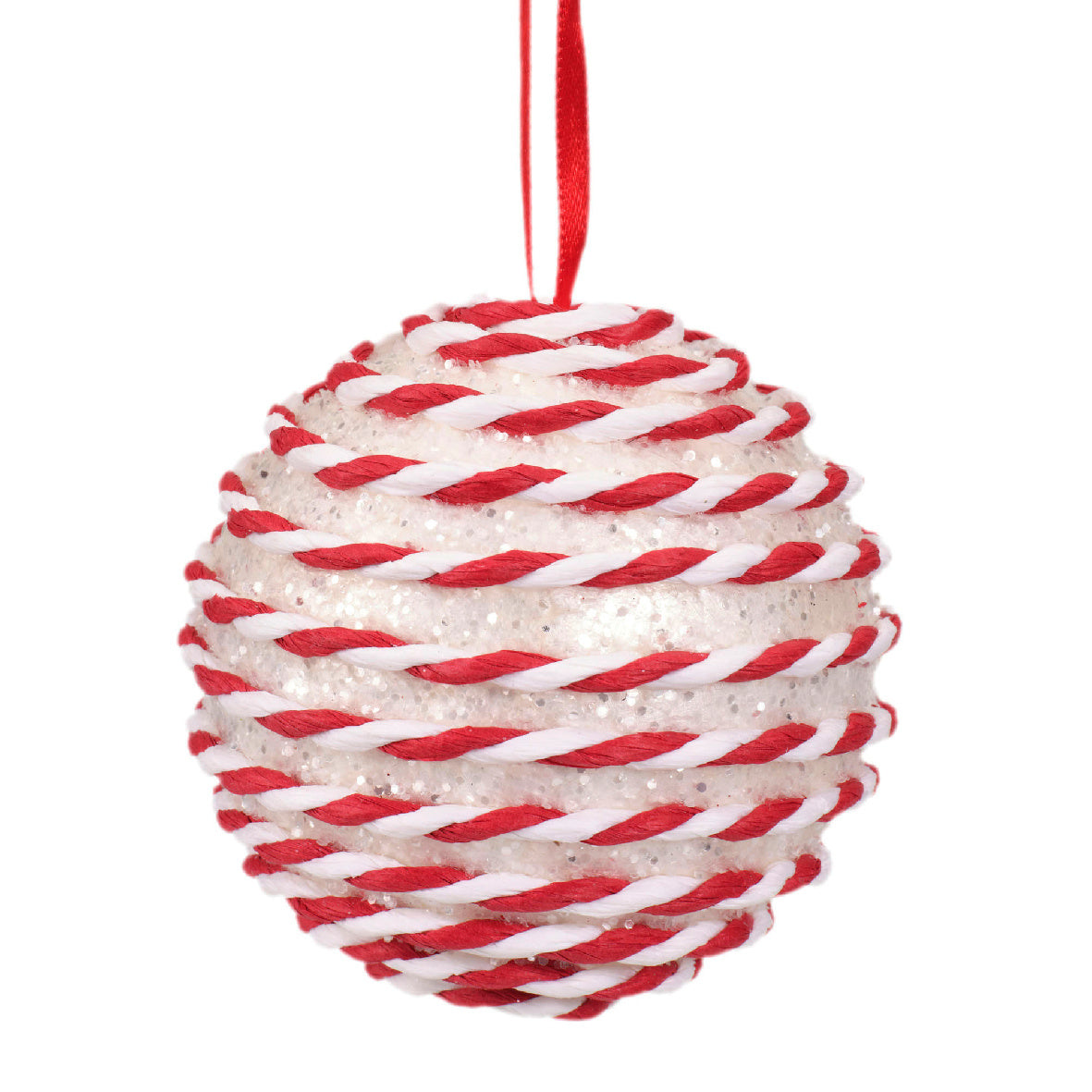 Kerstbal van schuim met wit en rood-witte gedraaide strepen, met rood ophanglint