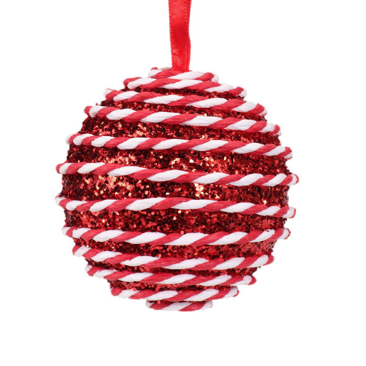 Kerstbal van schuim met rood glanzende glitterlaag en rood-witte strepen, met rood lint