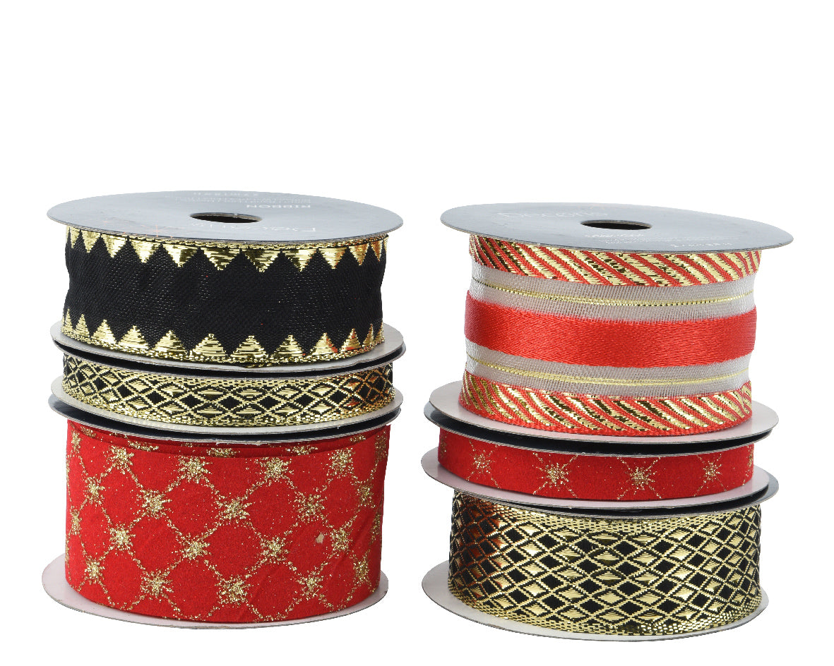 Assortiment polyester lint op rollen met rode, zwarte en goudkleurige patronen