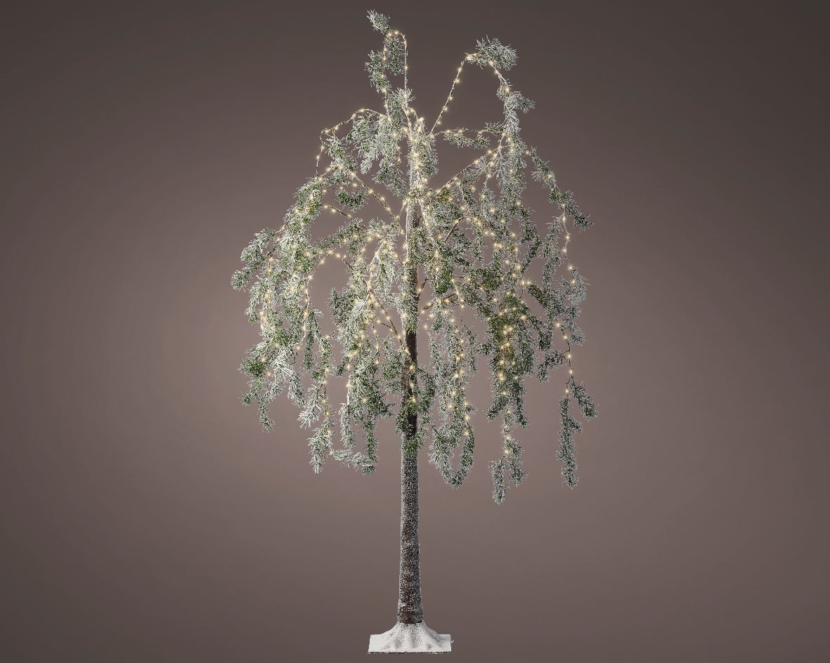 Verlichte buitenboom met zilverkleurige hangende takken en micro-LED lichtjes op voet