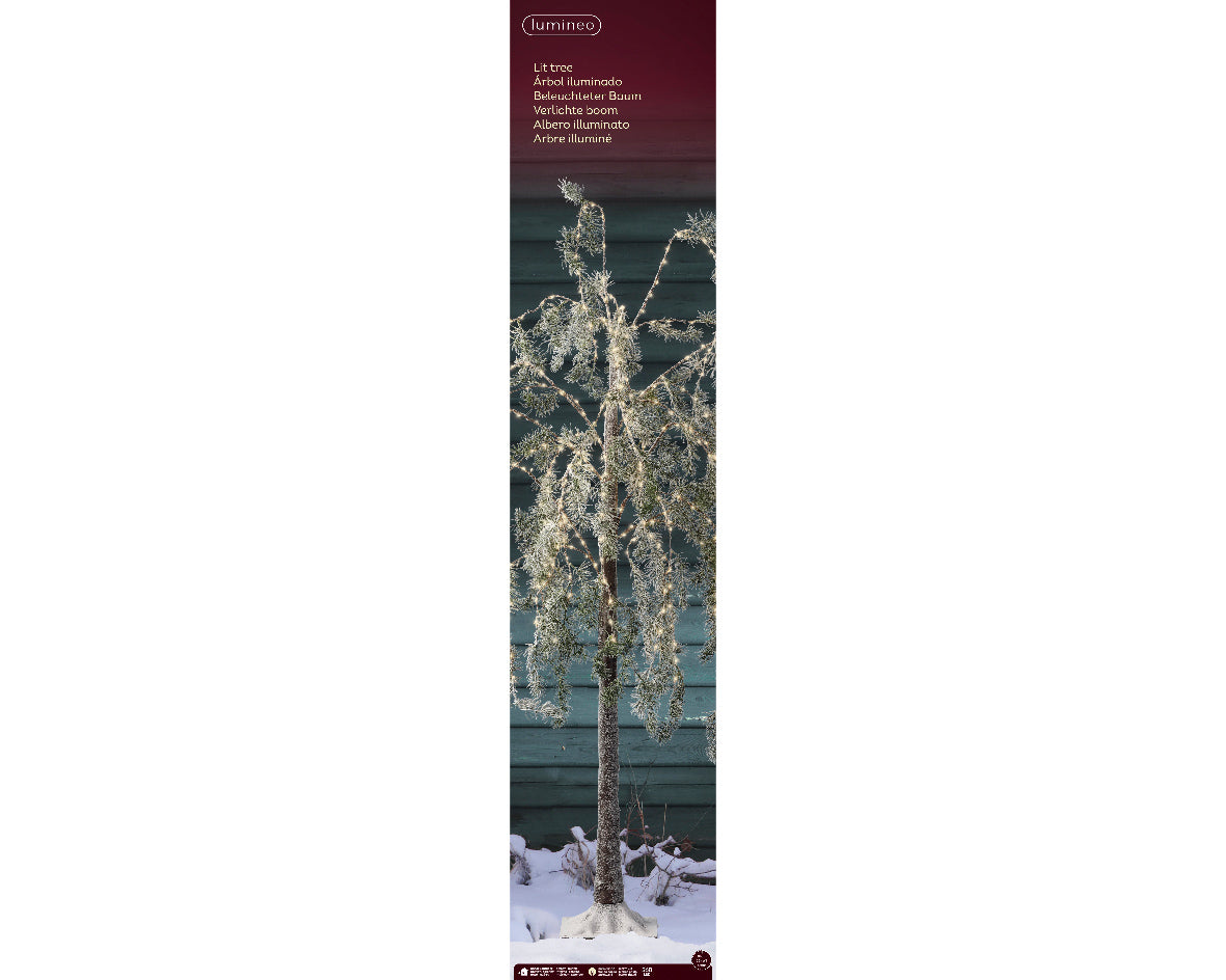 Kunstboom met micro-LEDs op voet, in verticale productweergave met rode bovenbalk