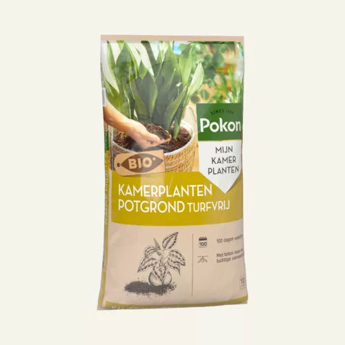 Kamerplantenpotgrondzak met BIO-markering, Pokon en label voor kamerplanten