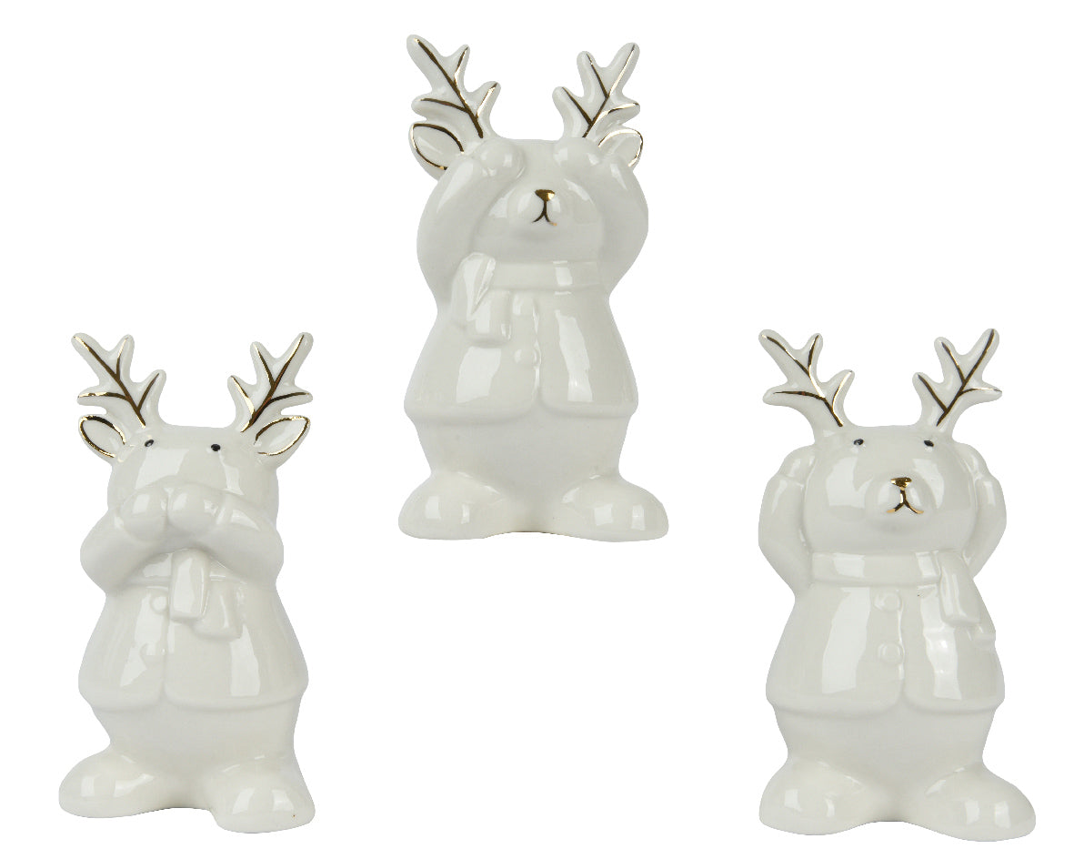 Set van 3 porseleinen hertenfiguren, witte knielende dieren met gewei