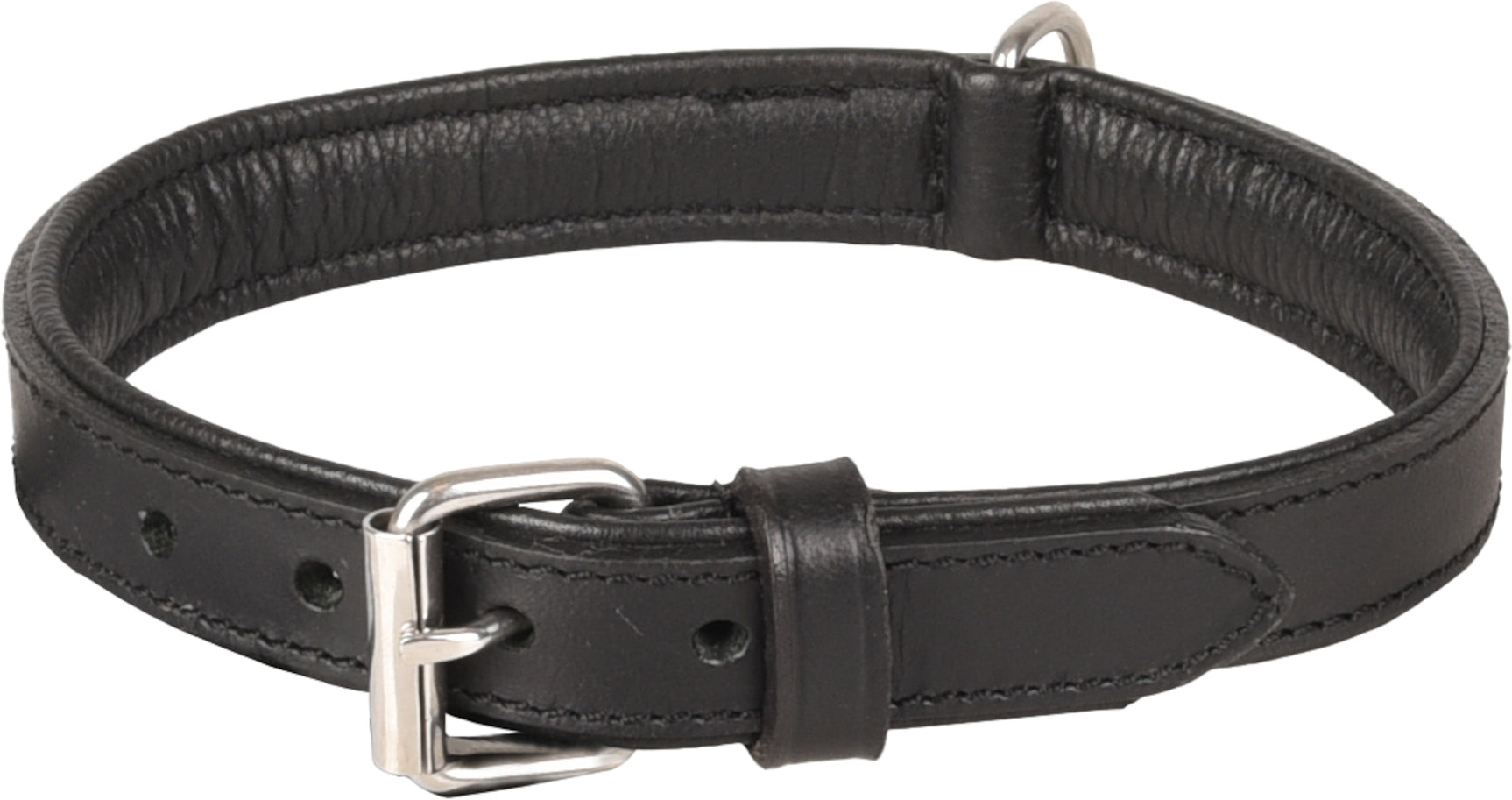 Gevoerde zwarte halsband met metalen gesp en D-ring, riem met gaatjes