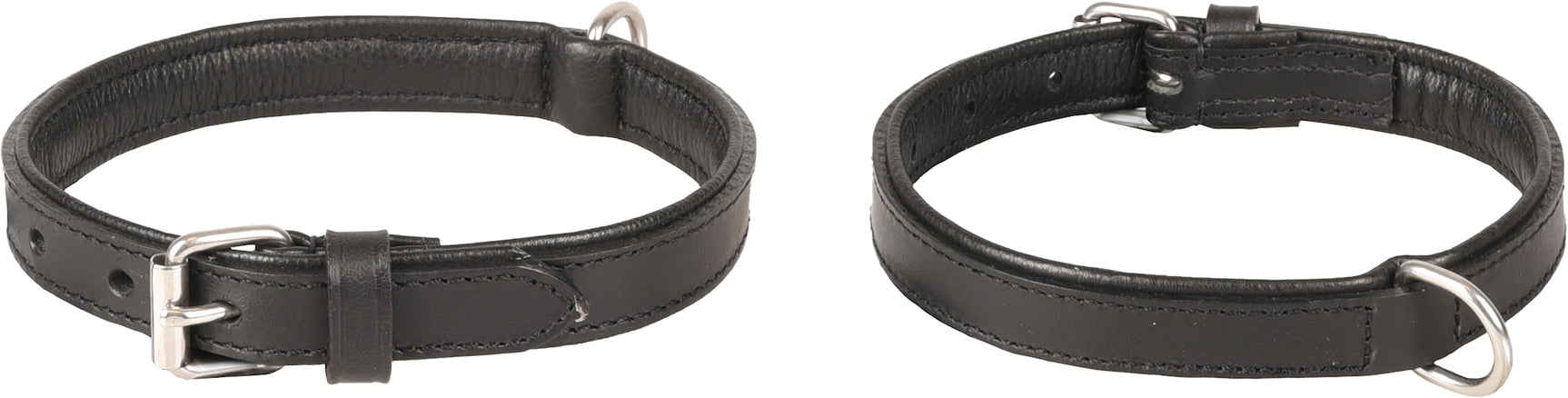Gevoerde zwarte halsband met verstelbare gaatjes, metalen gesp en ring