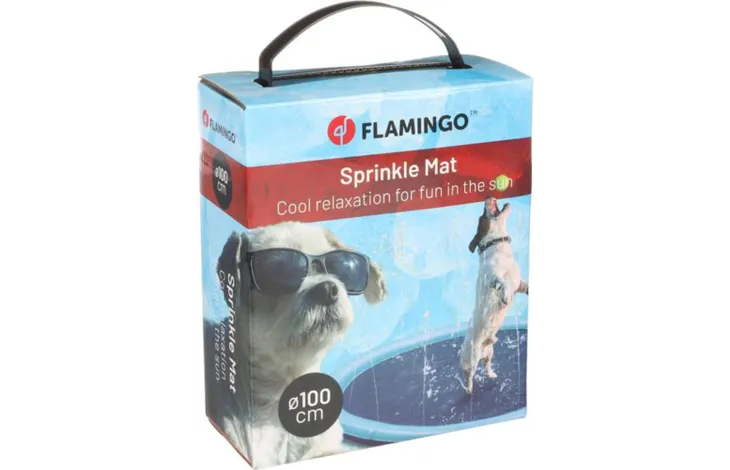 Verpakking van Sprinkle Mat met FLAMINGO-logo en maat Ø100 cm