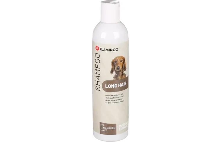 Flamingo shampoo fles voor langharige honden, beige etiket, 300 ml.