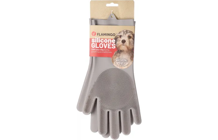 Was handschoenen voor honden, grijs met noppen en verstelbaar lusje