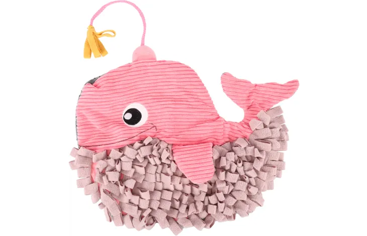 Roze snuffelmat in vissen/walvisvorm met oog en franjes, met staart