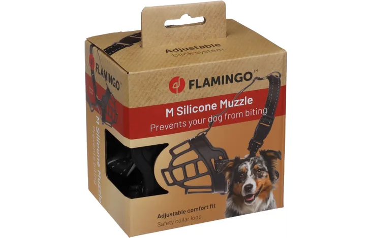 Flamingo muilkorf honden, maat M, zachte siliconen, verstelbaar, zwart