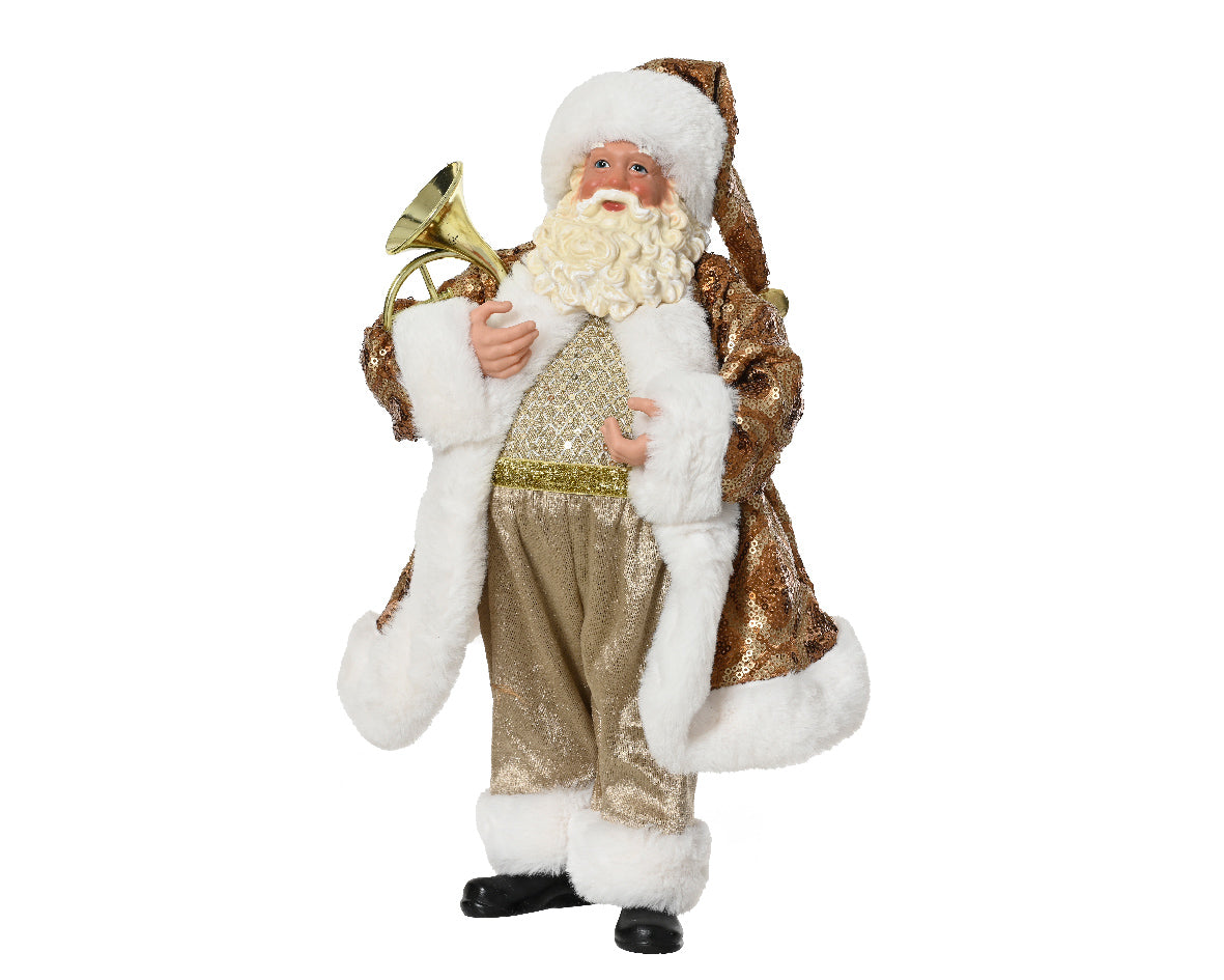 Plastic kerstmanfiguur met witte baard, bruin-gouden jas en bel