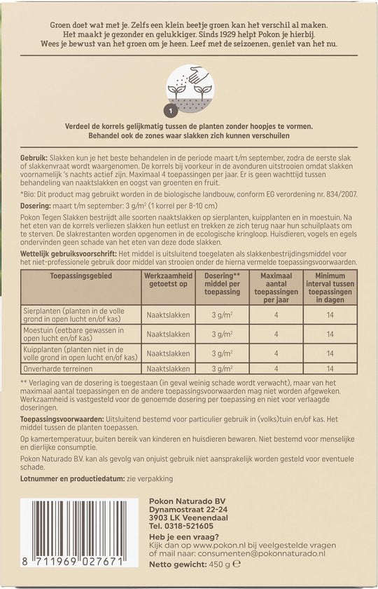 Achterzijde Pokon bio slakkenkorrels doos met gebruiks- en samenstellingsinformatie