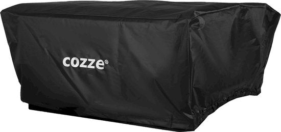 Zwarte Cozze hoes voor pizzaoven met logo, schuine hoekweergave
