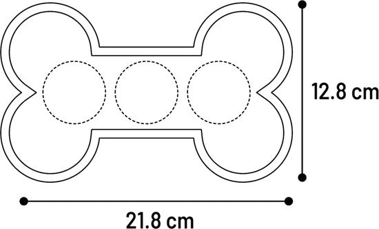 Schets van blauwe botvormige likmat met afmetingen 21,8 cm en 12,8 cm