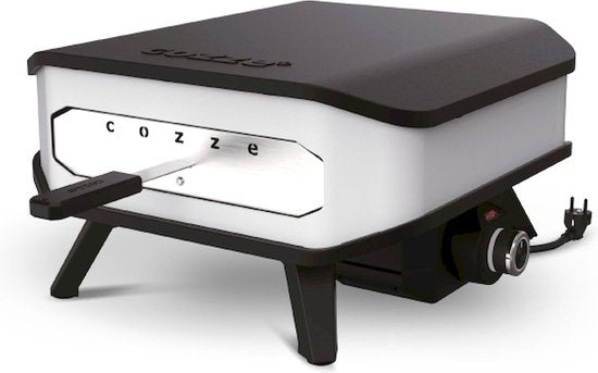 Elektrische pizzaoven met bedieningspaneel en aan/uit-knop, zwart-wit