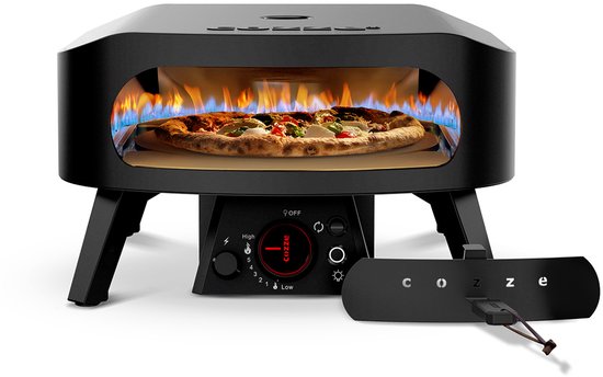 Zwarte gas-pizzaoven met open bakdeur en vlammen, ronde bakruimte
