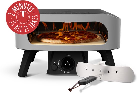 Cozze gas-pizzaoven met pizzasteen, open bakruimte en bedieningsknoppen