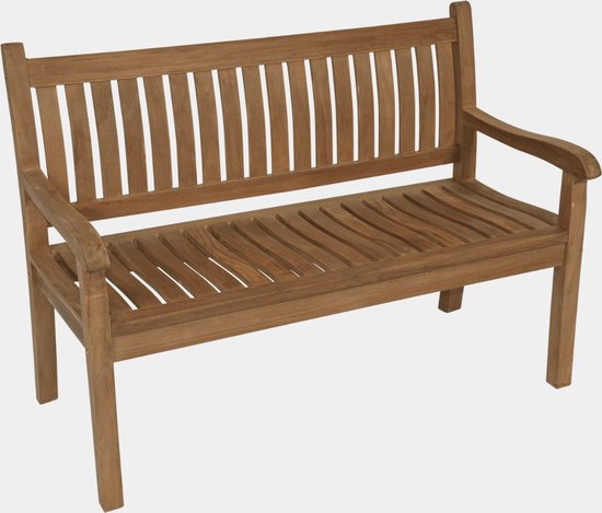 Teak tuinbank met gebogen armleuningen en verticale ruglatten, houten zitting