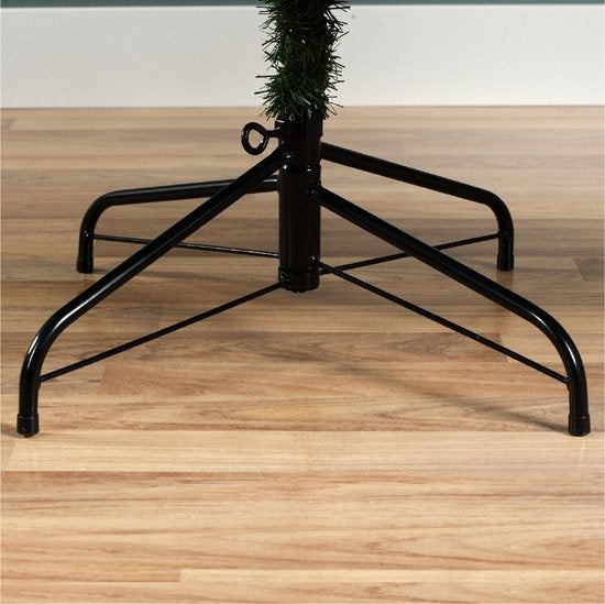 Kunstkerstboomvoet met zwarte metalen standaard, onderkant van groene boom