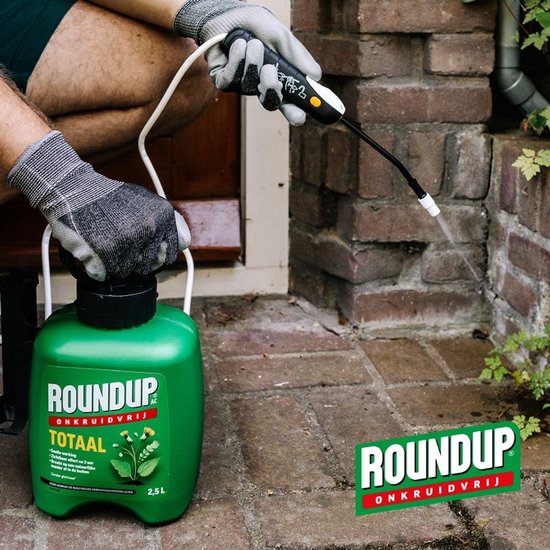 Groene RoundUp onkruidbestrijder-sprayfles in gebruik, spuitstraal naast bestrating