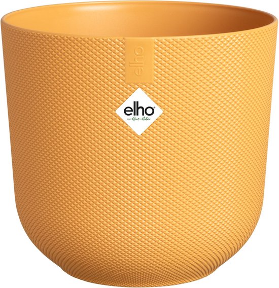 Elho ronde plantenpot, ambergeel, reliëfstructuur en logo op de voorkant