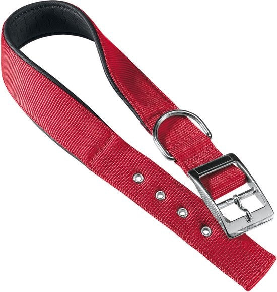Ferplast Daytona hondenhalsband: rode nylon riem met zwarte rand en metalen gesp.