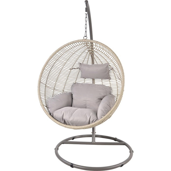 Hangstoel Circle met ronde hangmand van wicker en grijze zit- en rugkussens