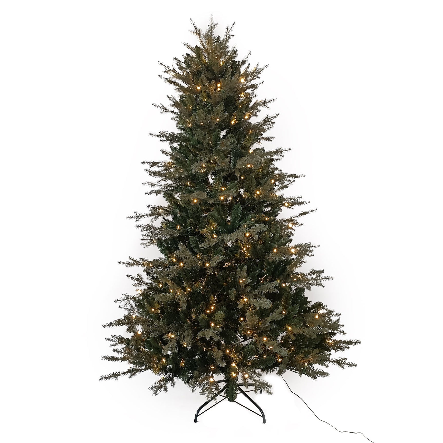 Kunstkerstboom met warmwitte lampjes, donkere groene naalden en standaardvoet