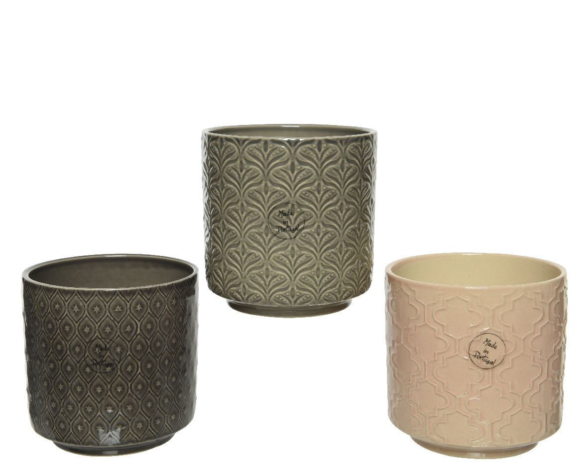 Assortiment keramische plantenbakken: 3 potten in donkergrijs, olijfgroen en beige met reliëf