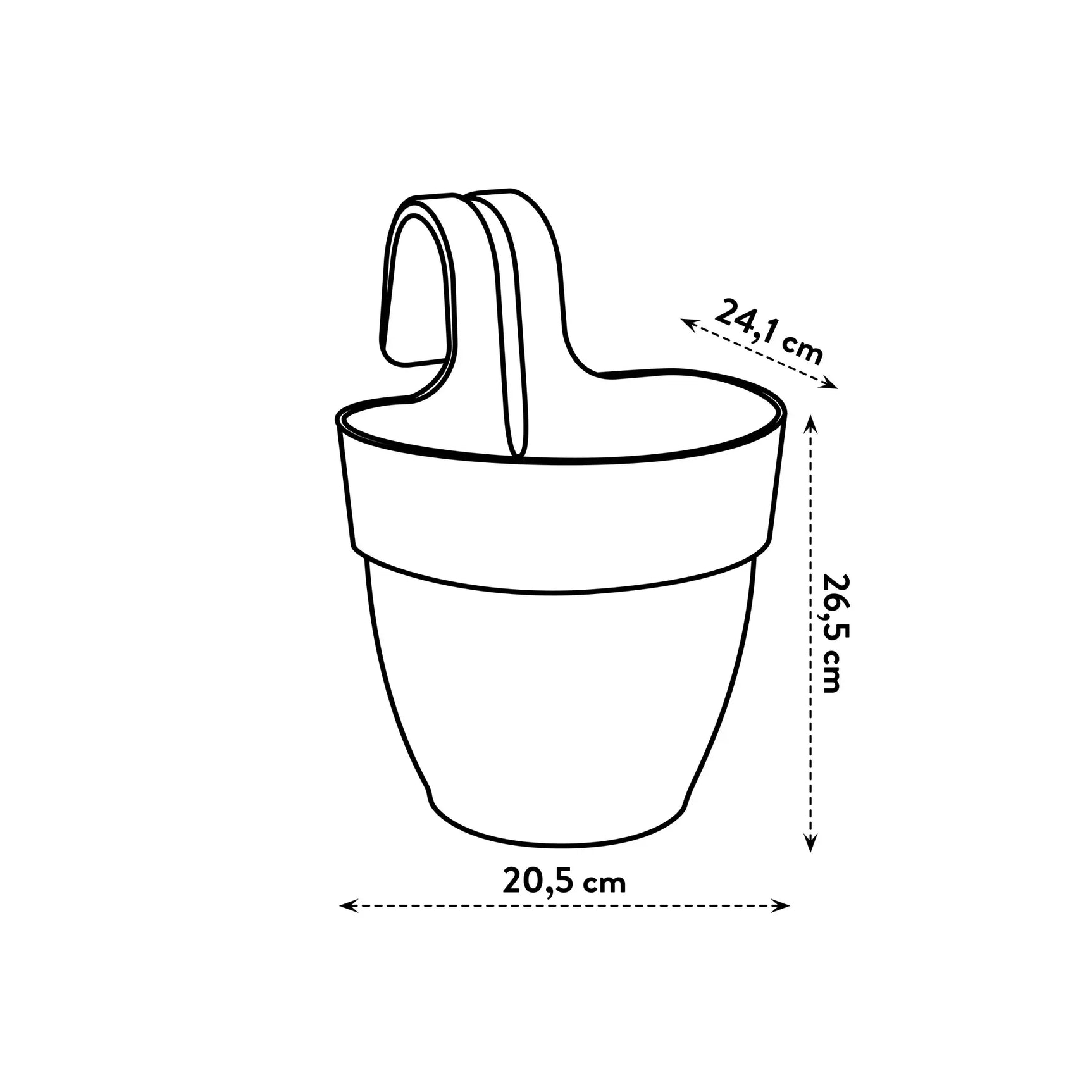 Hangpot-schets met afmetingen 20,5 cm breed, 26,5 cm hoog, 24,1 cm