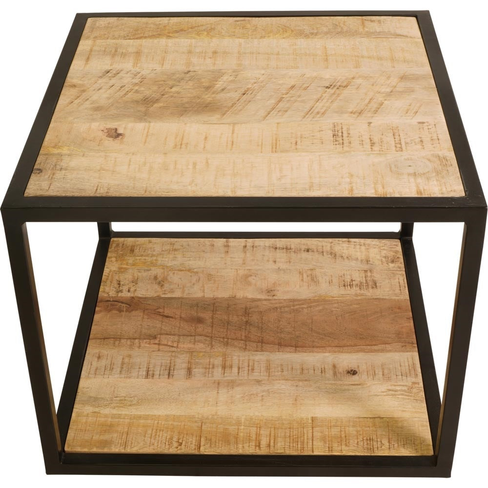 Houten bijzettafel met twee niveaus, rechthoekig blad en onderste plank, zwart frame