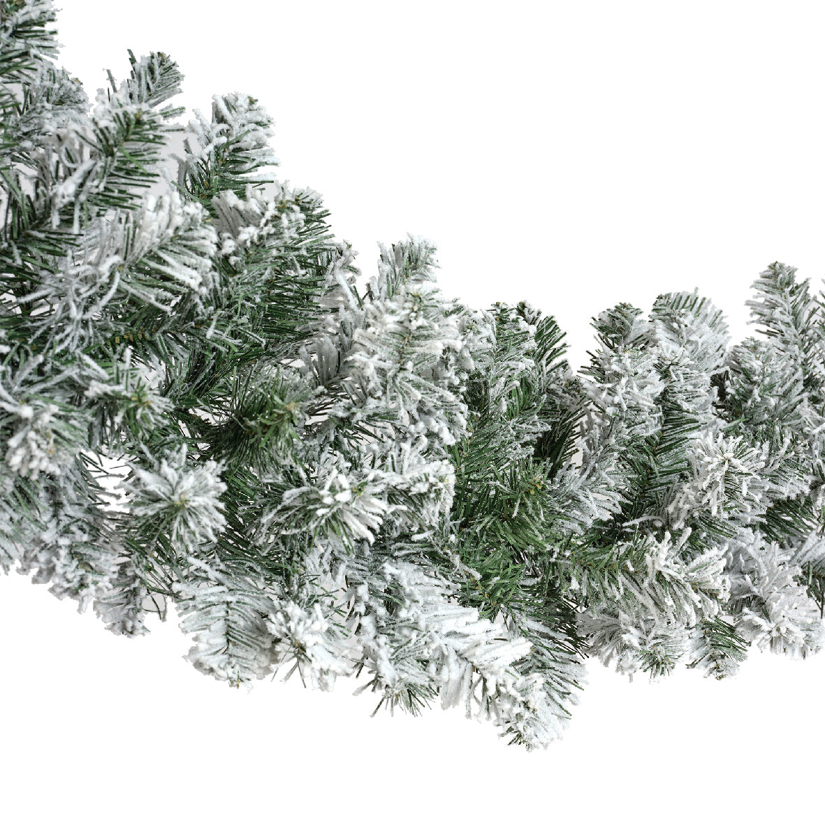 Kerstslinger van groene takken met witte kunstsneeuw en poederachtige punten