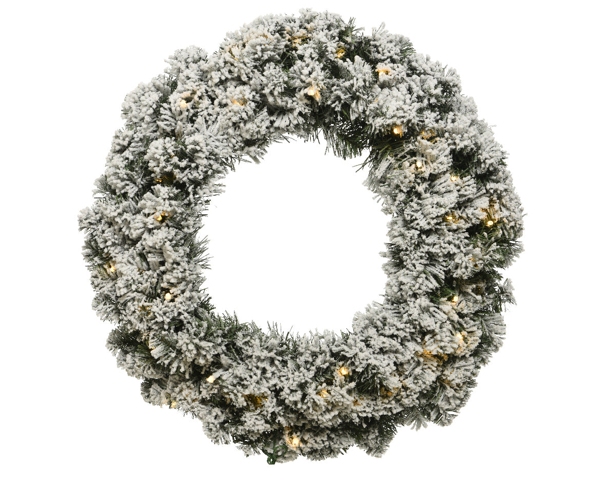 Sneeuwkrans met LED-lichtjes en dicht kerstgroen, ronde krans in witachtige waas