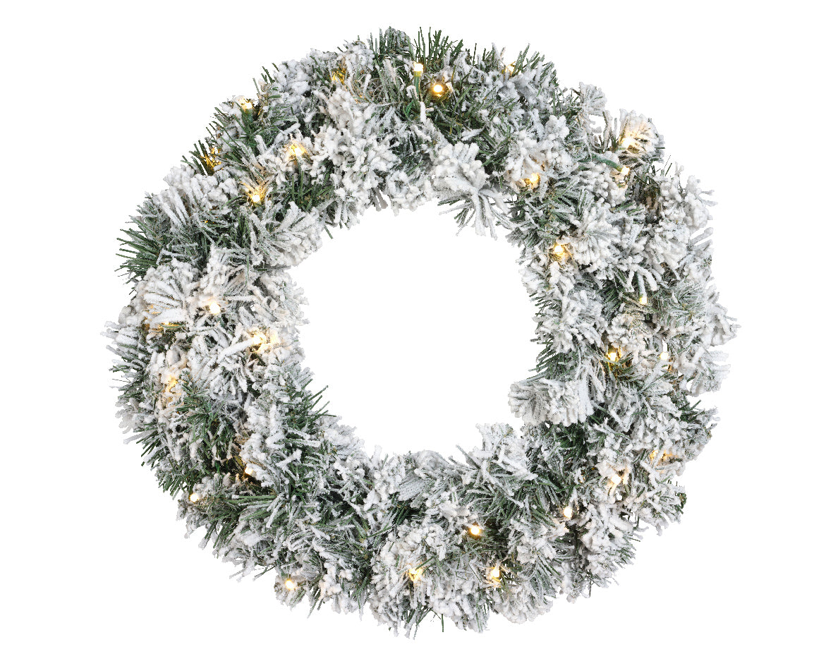Sneeuwige kerstkrans met zilveren dennennaalden en warmwitte LED’s in ronde vorm