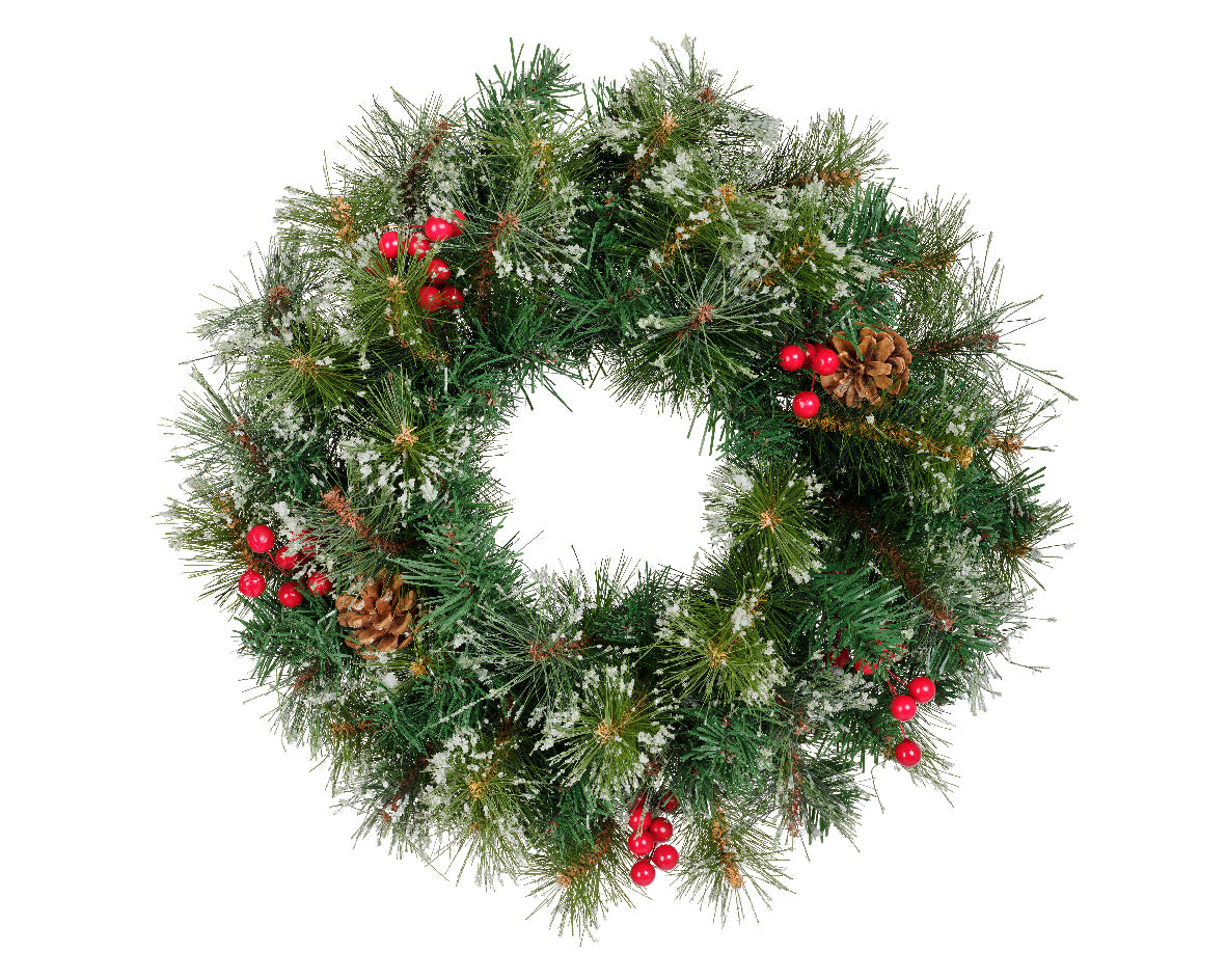 Groene kerstkrans met sneeuwlook, rode bessen en dennenappels, Ø50 cm