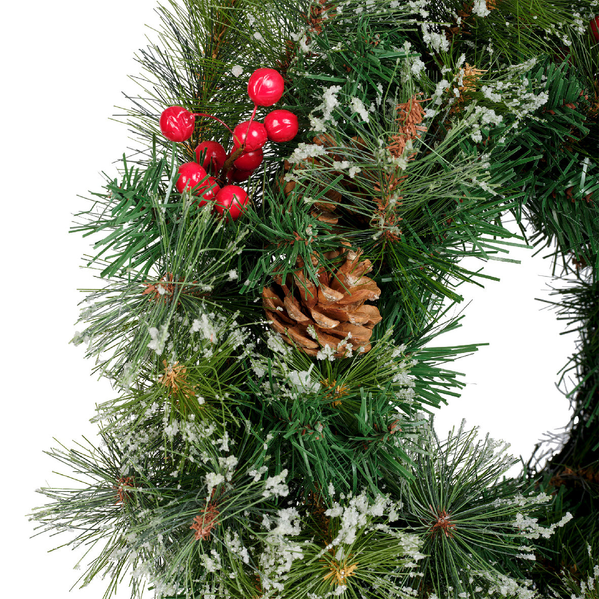 Kerstkrans met sneeuwaccent, rode glaskralen en dennenappels
