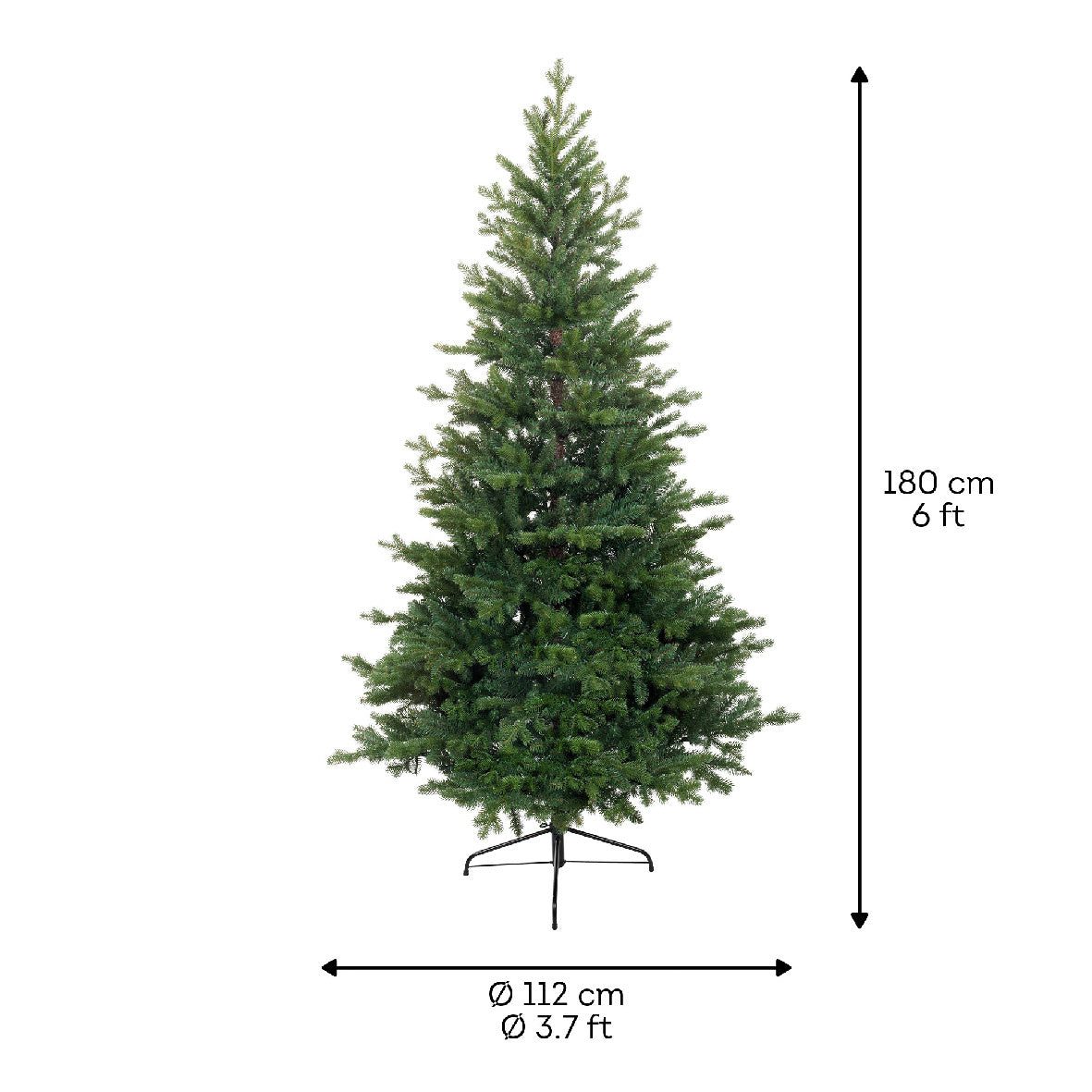 Everlands kunstkerstboom Allison pine, afmetingen Ø112 cm en hoogte 180 cm.