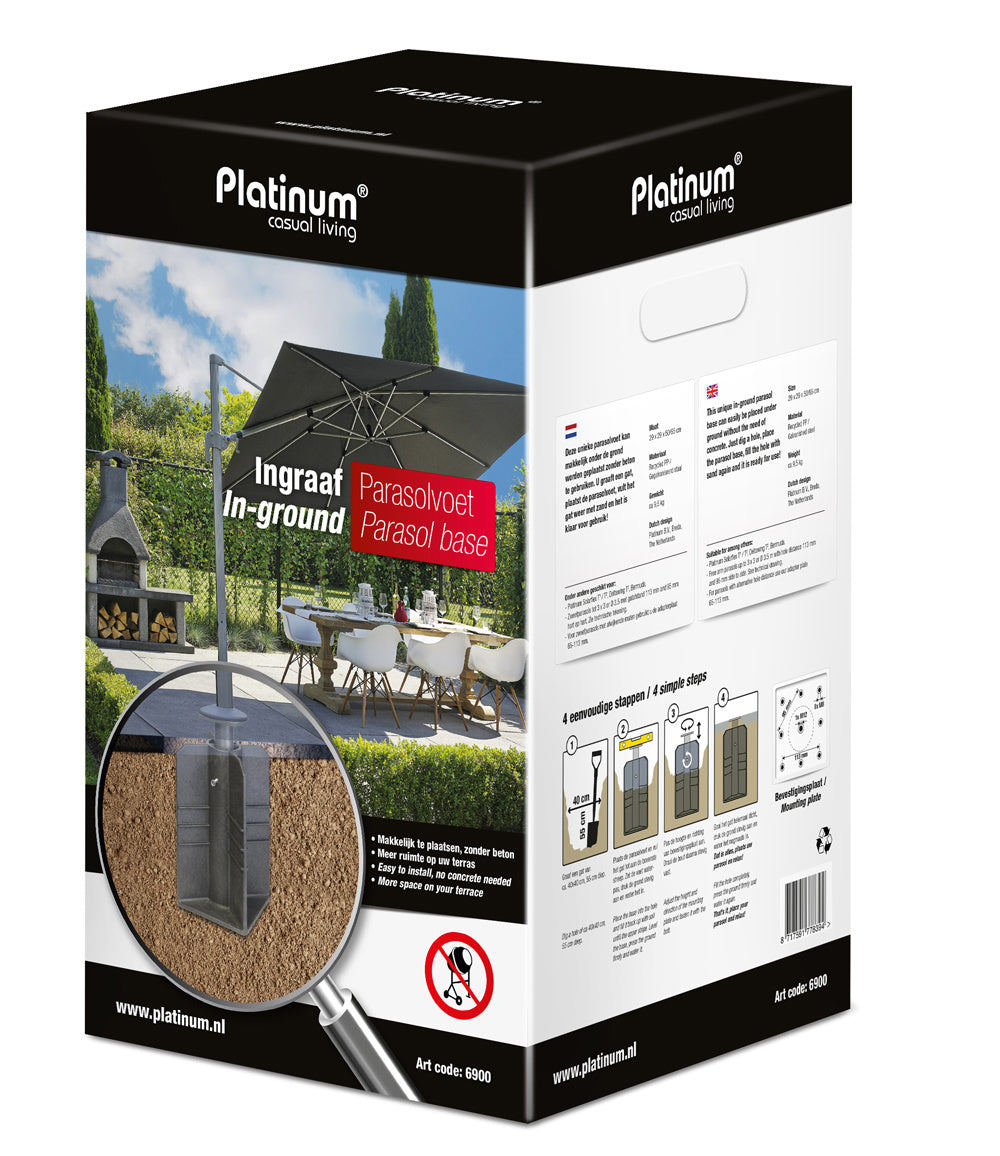 Platinum Ingraaf parasolvoet doos met productafbeelding en beschrijving