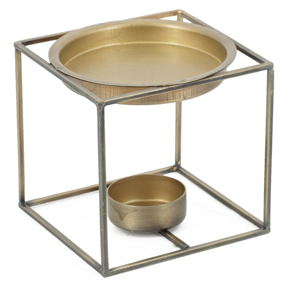 Geurbrander met metalen frame en twee goudkleurige schalen