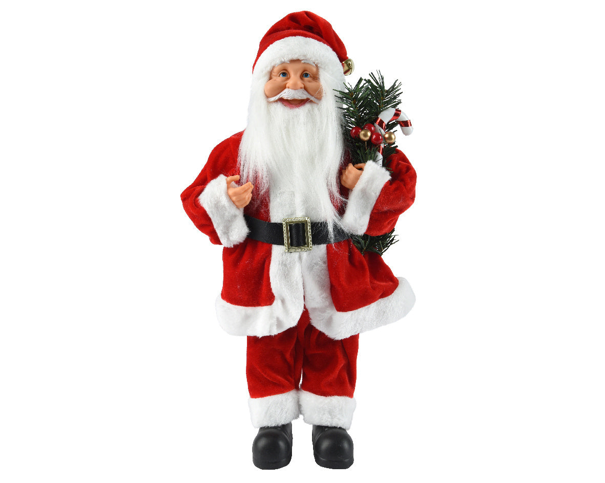 Kerstman van polyester met rood-wit pak, witte baard en kersttakje in hand