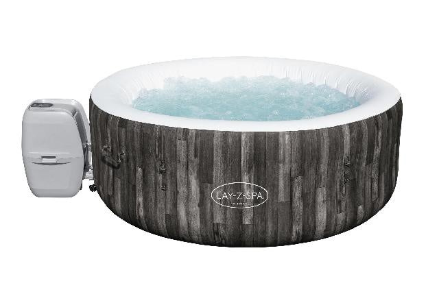 Lay-Z-spa Bahama bubbelbad met houtlook kuip en witte rand, blauw water.