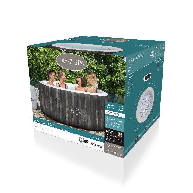 Lay-Z-spa Bahama bubbelbad in doosverpakking met afbeelding van de houtlook kuip.