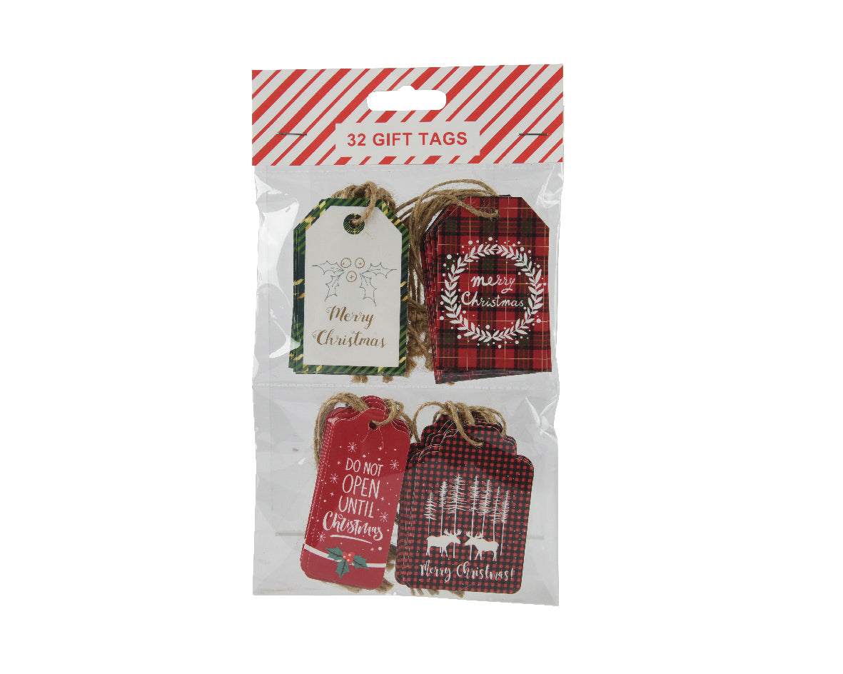 Set van 4 papieren cadeaulabels met verschillende teksten, rood en ruitmotief