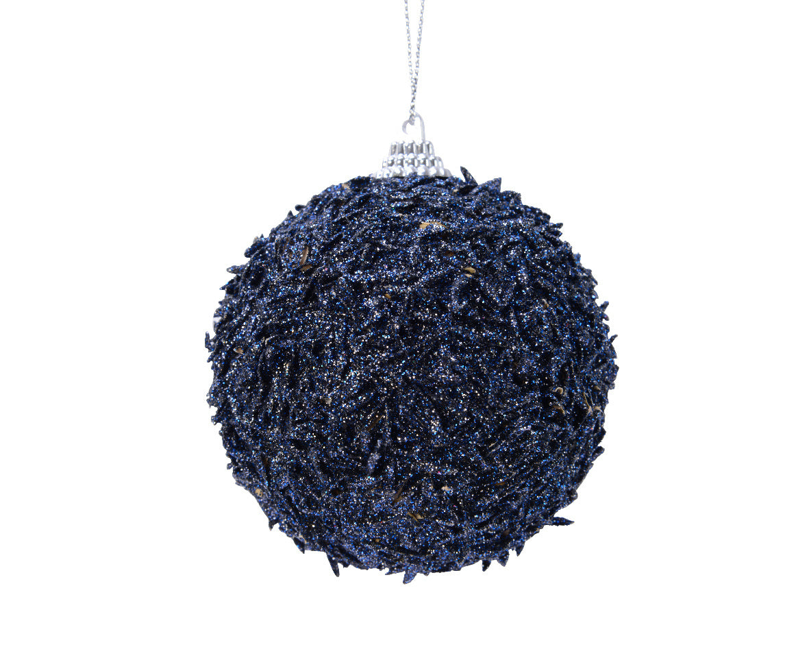 Ronde kerstbal van schuim met donkerblauwe glitter en ophanglusje.