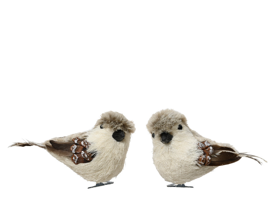 Set van 2 polyester vogeltjes op clip, met zwarte snavel en bruine pootjes.