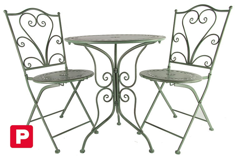 Groene bistroset: ronde tafel met twee metalen opvouwstoelen