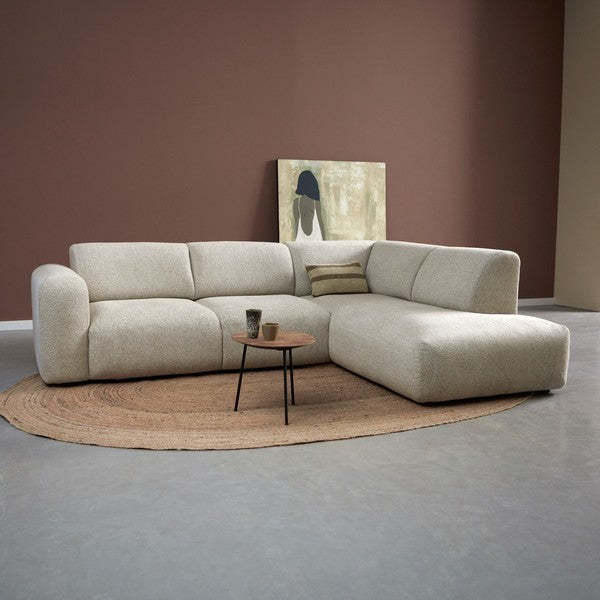 Sofa met ottoman rechts, lichtbeige bekleding en armleuningen